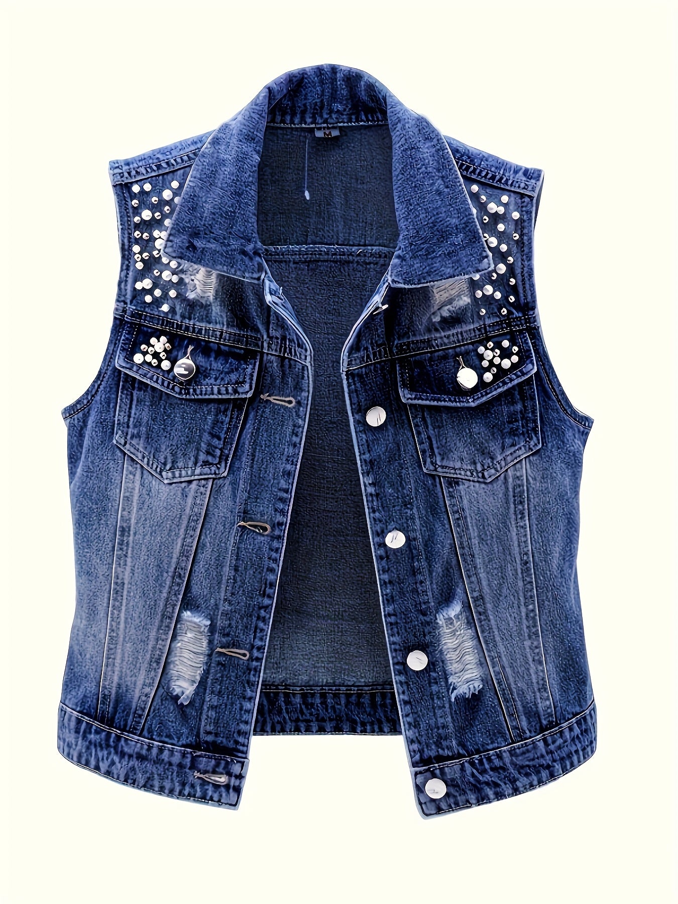 Women's Distressed Denim Vest Jacket with Pearl & Stud Embellishments - Sleeveless Retro Casual Short Length Jacket, Solid Color Regular Fit for Spring\u002FFall, Elegant Special Collection, Spring Outerwear, Pearl And Stud Details, Elegant Texturing