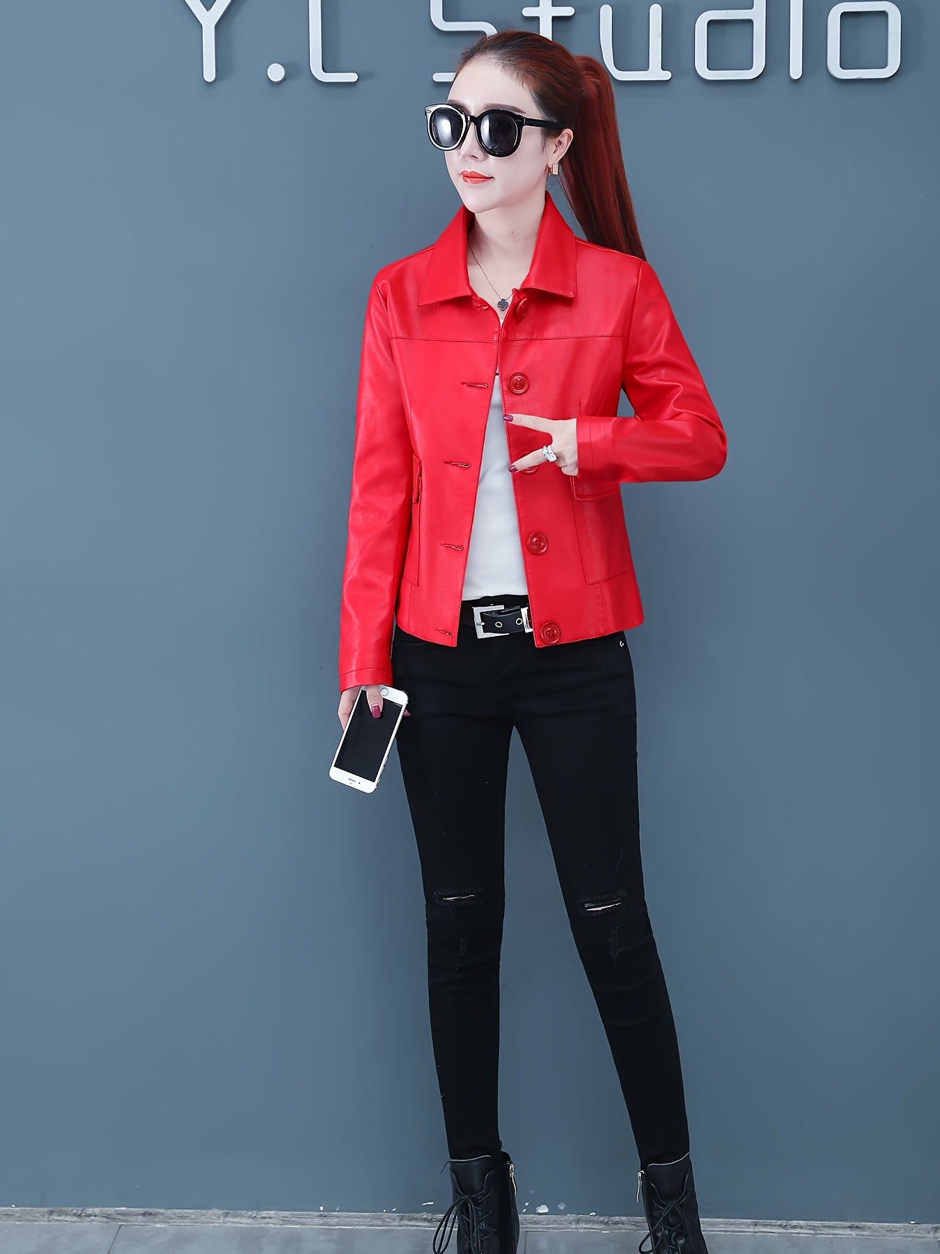 Women's Premium PU Leather Jacket - Elegant Korean Style Short Slim-Fit Red Button-Up Blazer with Notch Lapel & Flared Hem, Spring\u002FAutumn Casual Outerwear