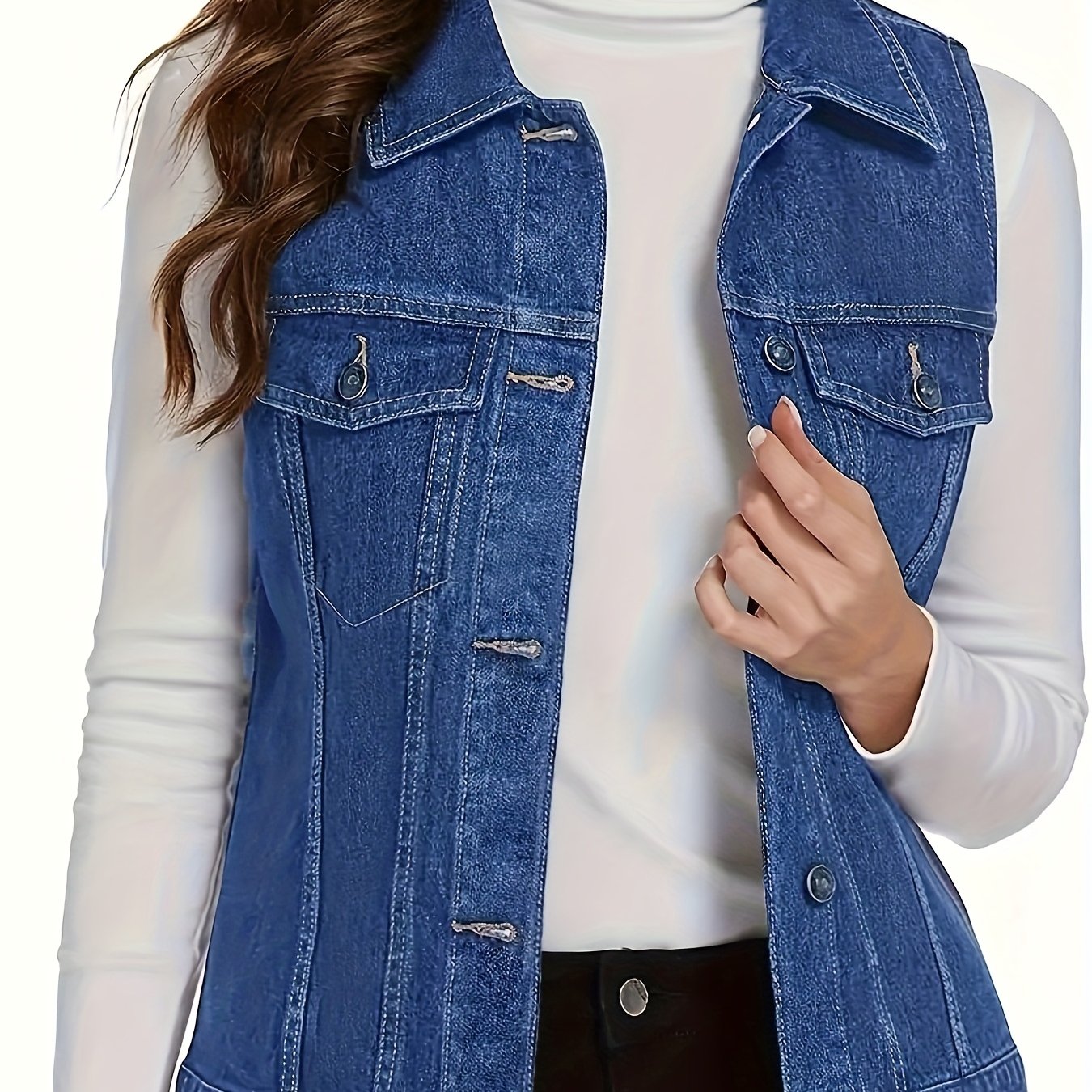 Women'S Solid Color Casual Fashion Jacket, Trendy And Classic Multi-Button Vest, Deep Blue Washed Denim Jacket, Comfortable Fit, Suitable for All Seasons.