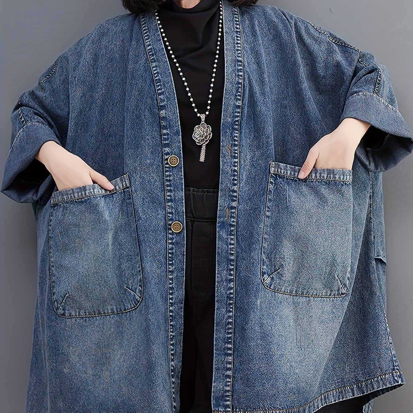 Women's Vintage Japanese-Inspired Distressed Denim Jacket Coat - Loose Fit Long Sleeve Open Front Casual Chic Outerwear, Machine Washable Non-Stretch Denim for Layering, Layering Piece | Decorative Pockets