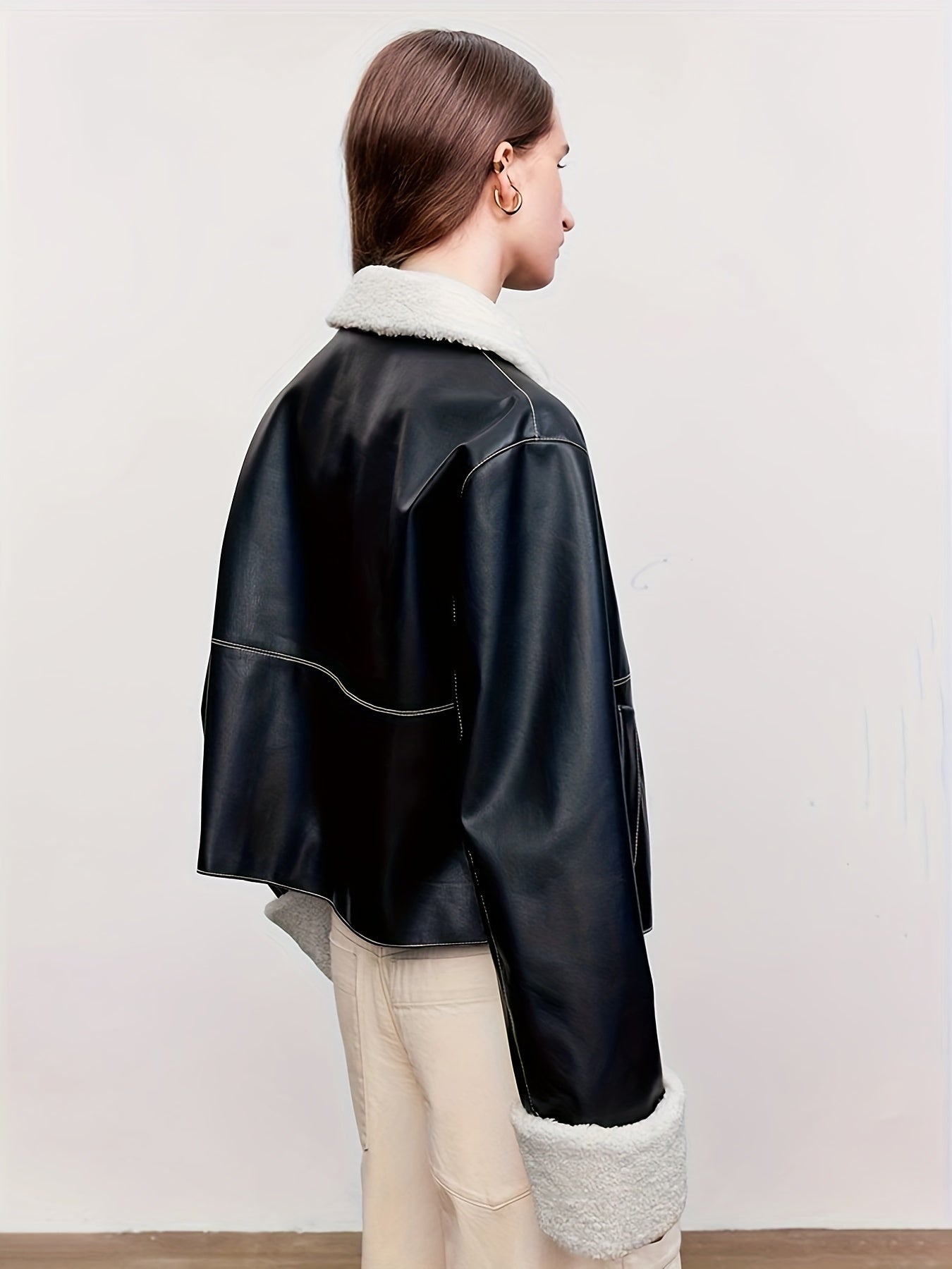 Elegant Faux Leather Jacket for Women - Short Sleeve Solid Color Polyester Lined Faux Fur Collar with Single Button Closure and Pockets - Autumn\u002FWinter Fashion