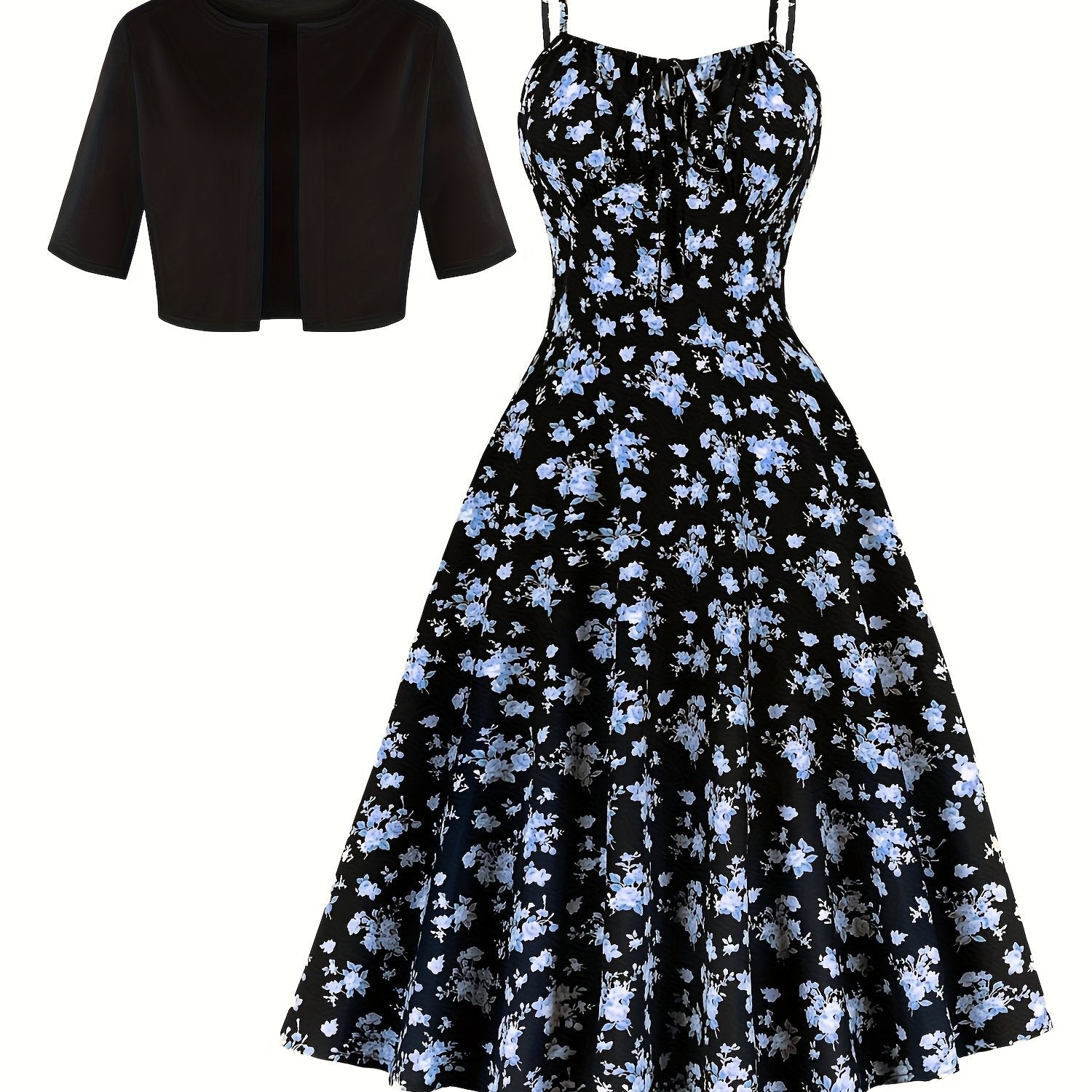 Charming Floral Strap Skirt Women's Sweet Versatile Black Blouse Dress Set
