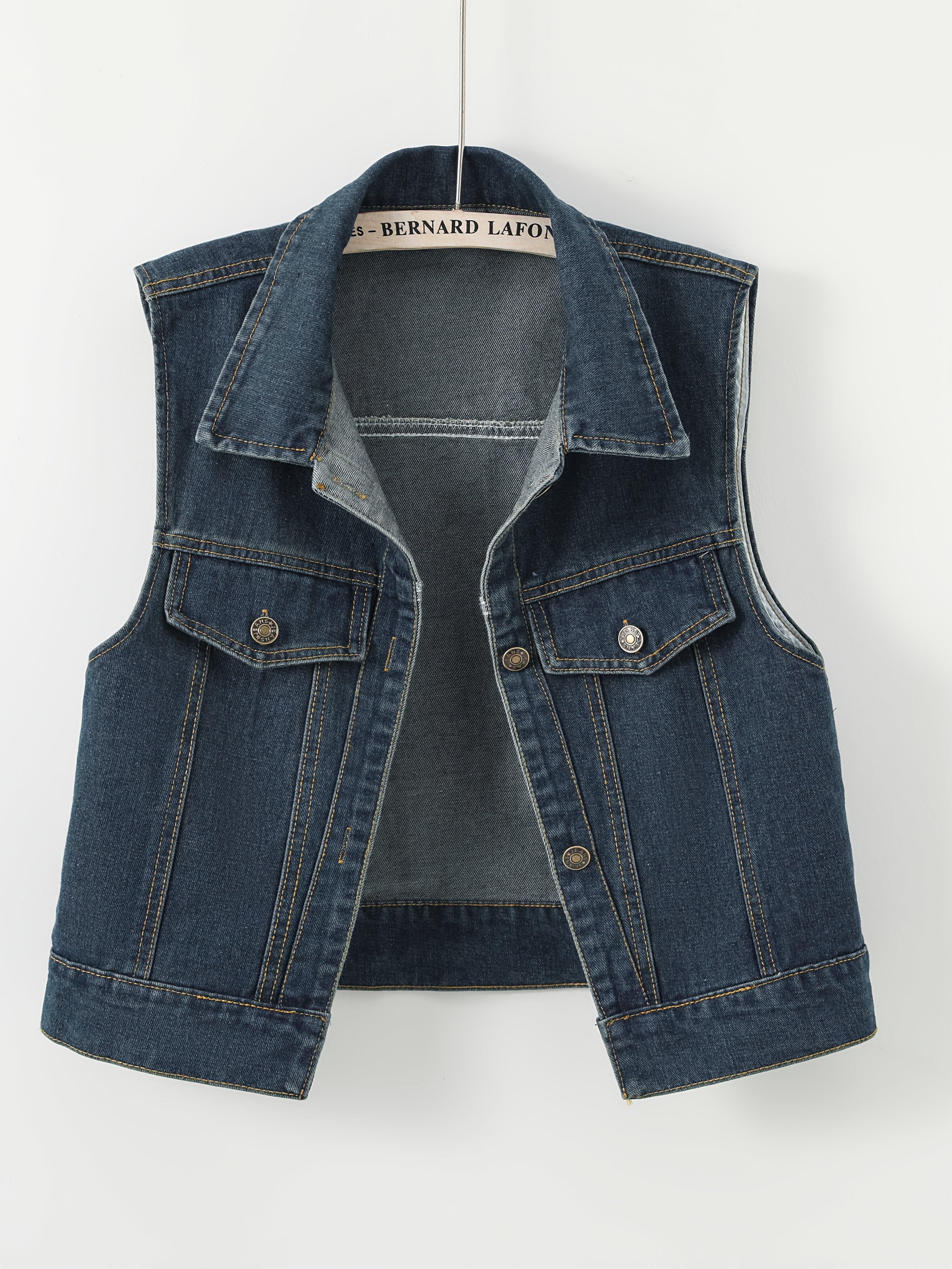 Women's Sleeveless Denim Vest - Retro Distressed Blue Washed -like Texture, Machine Washable All-Season Layering Piece, Casual Chic Short Jacket for Everyday Outfits, Sleek Flap Pockets