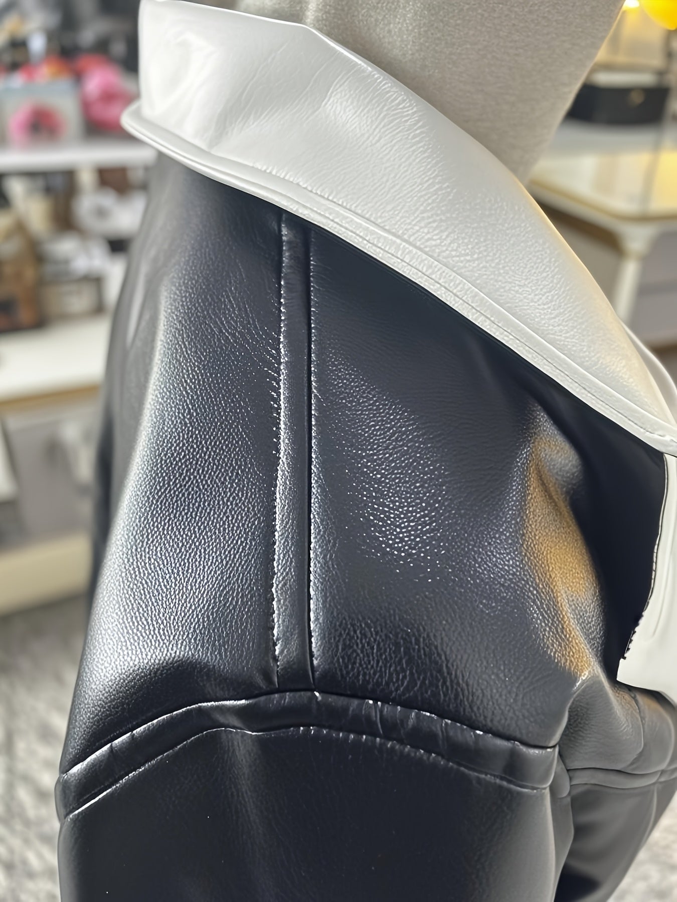 PUPU Women's Elegant Black & White Contrast PU Leather Jacket - Machine Washable Notch Lapel Biker Jacket with Fake Pockets, All-Season Versatile Outerwear, Stylish Layering, Modern Fashion, Polished Look, Trendconscious Buyers