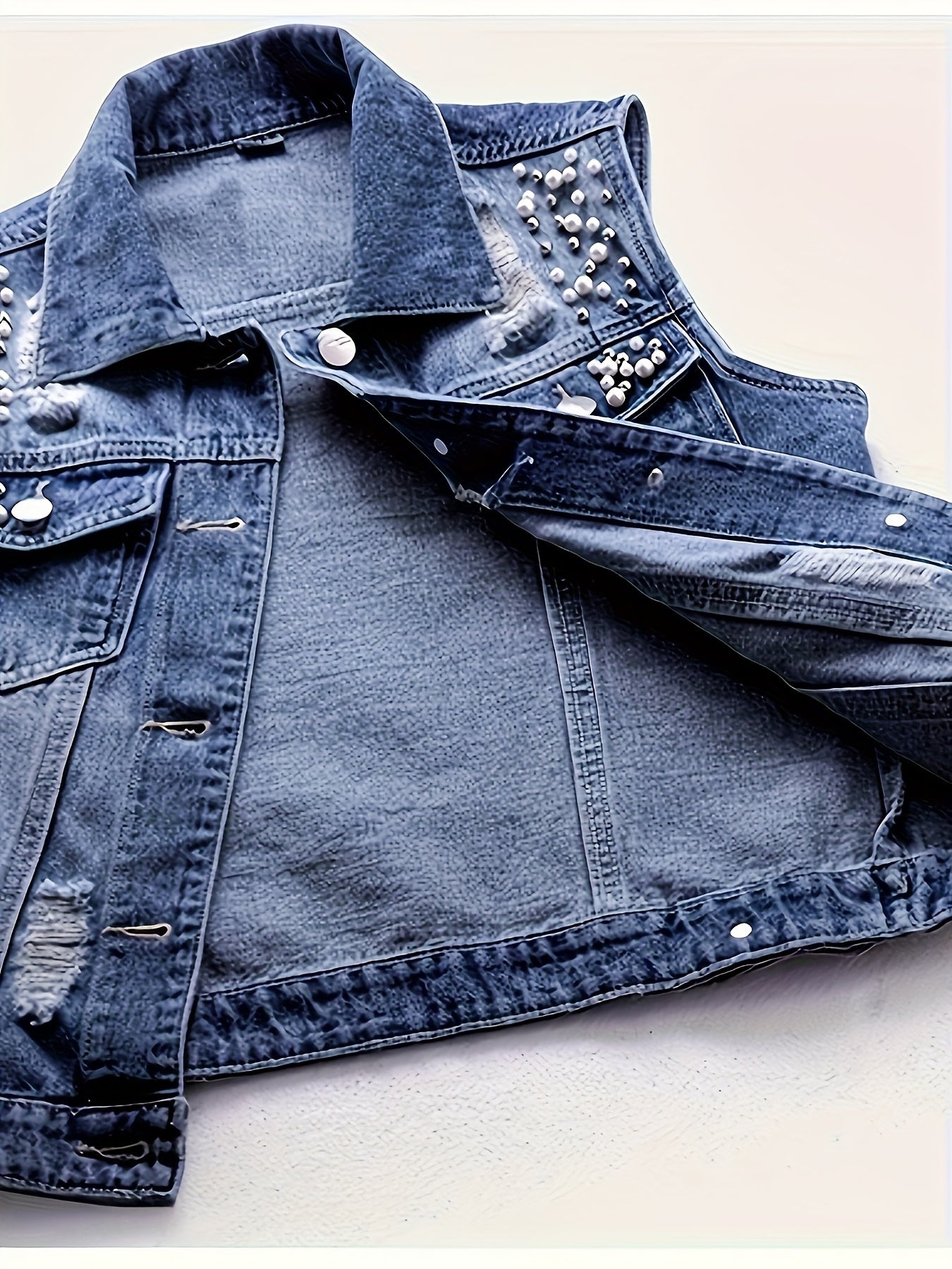 Women's Distressed Denim Vest Jacket with Pearl & Stud Embellishments - Sleeveless Retro Casual Short Length Jacket, Solid Color Regular Fit for Spring\u002FFall, Elegant Special Collection, Spring Outerwear, Pearl And Stud Details, Elegant Texturing