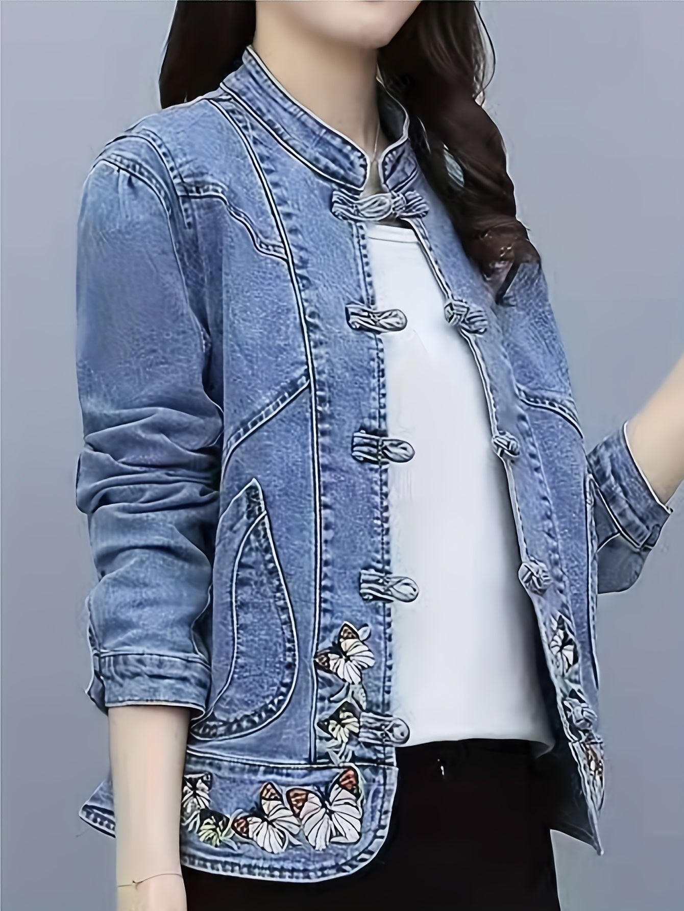 Women'S Vintage-Inspired Denim Jacket with Floral Embroidery - Short, Stretchy, Non-Stretch Fabric, Perfect for Spring & Fall, Casual Style Jacket|Vintage Denim Jacket|Embroidered Detail