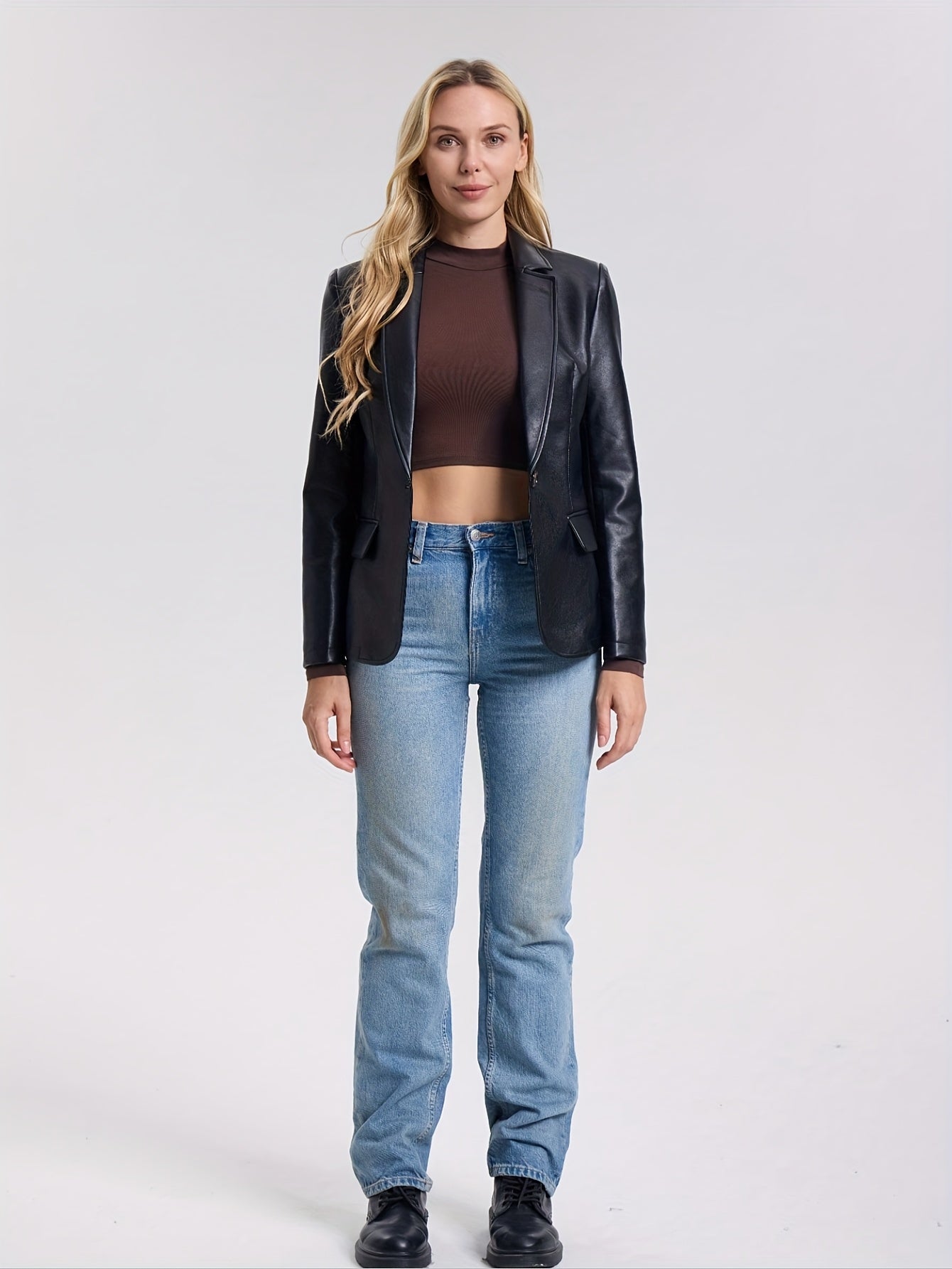 Women'S Casual Commute Faux Leather Jacket - Black, Long Sleeve, Single Button Front, Polyester Lining, Fall\u002FWinter Style, Stylish Casual Jacket|Faux Leather Jacket|Polyester Lined Jacket