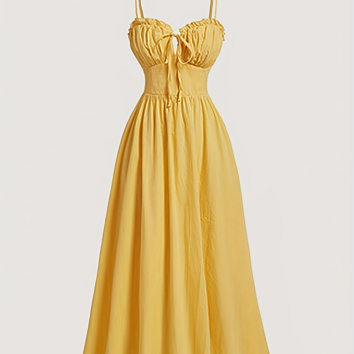 Mustard Yellow Spaghetti Suspender Dress for Teen Girls - Casual Solid Color with Adjustable Waist Tie, Lightweight Non-Stretch Fabric, Machine Washable, Regular Fit for Spring Summer Fall