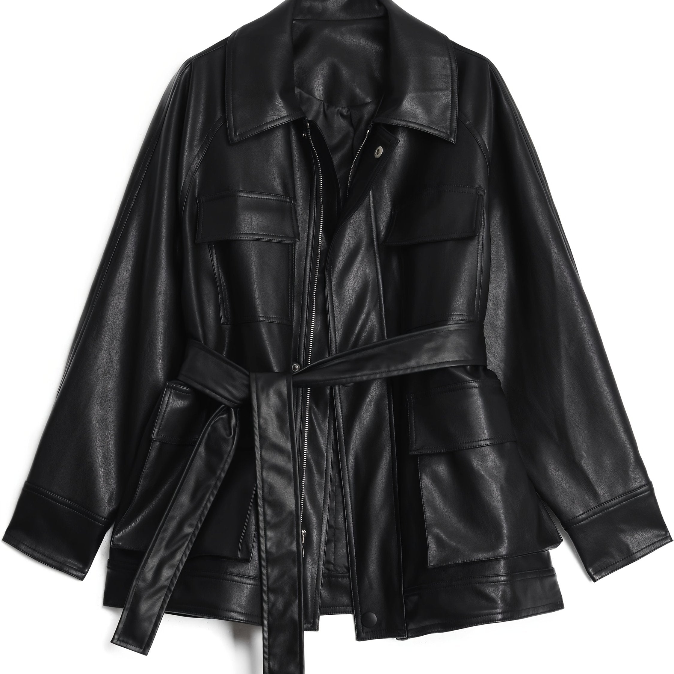 Women's PU Synthetic Leather Jacket - Longline Relaxed Fit Belted Waist Casual Chic Zip-Up Coat for Spring\u002FFall, Black, Cute Jacket, Spring Outerwear, Korean Fashion Style, Structured Sleeve Design