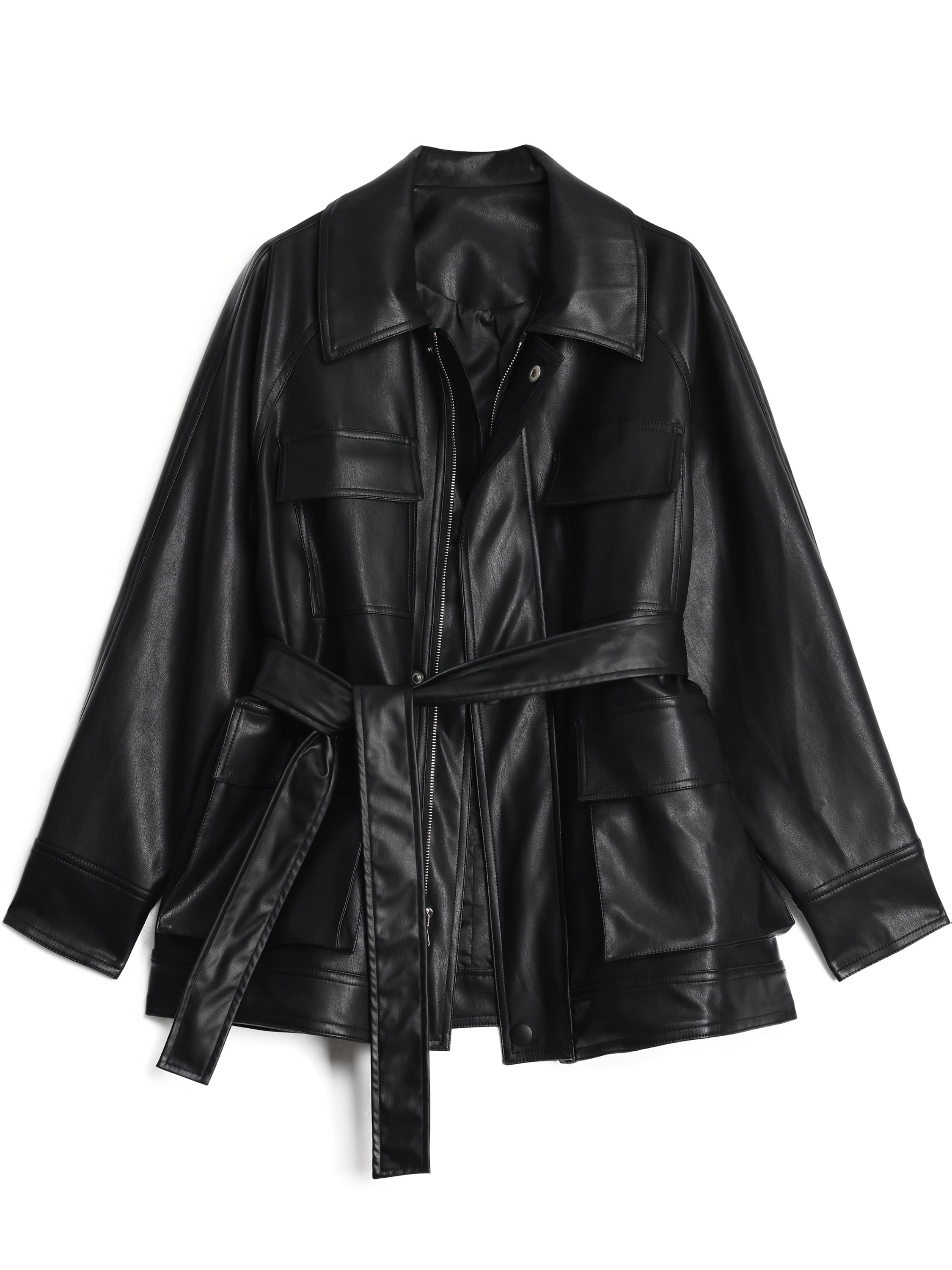 Women's PU Synthetic Leather Jacket - Longline Relaxed Fit Belted Waist Casual Chic Zip-Up Coat for Spring\u002FFall, Black, Cute Jacket, Spring Outerwear, Korean Fashion Style, Structured Sleeve Design