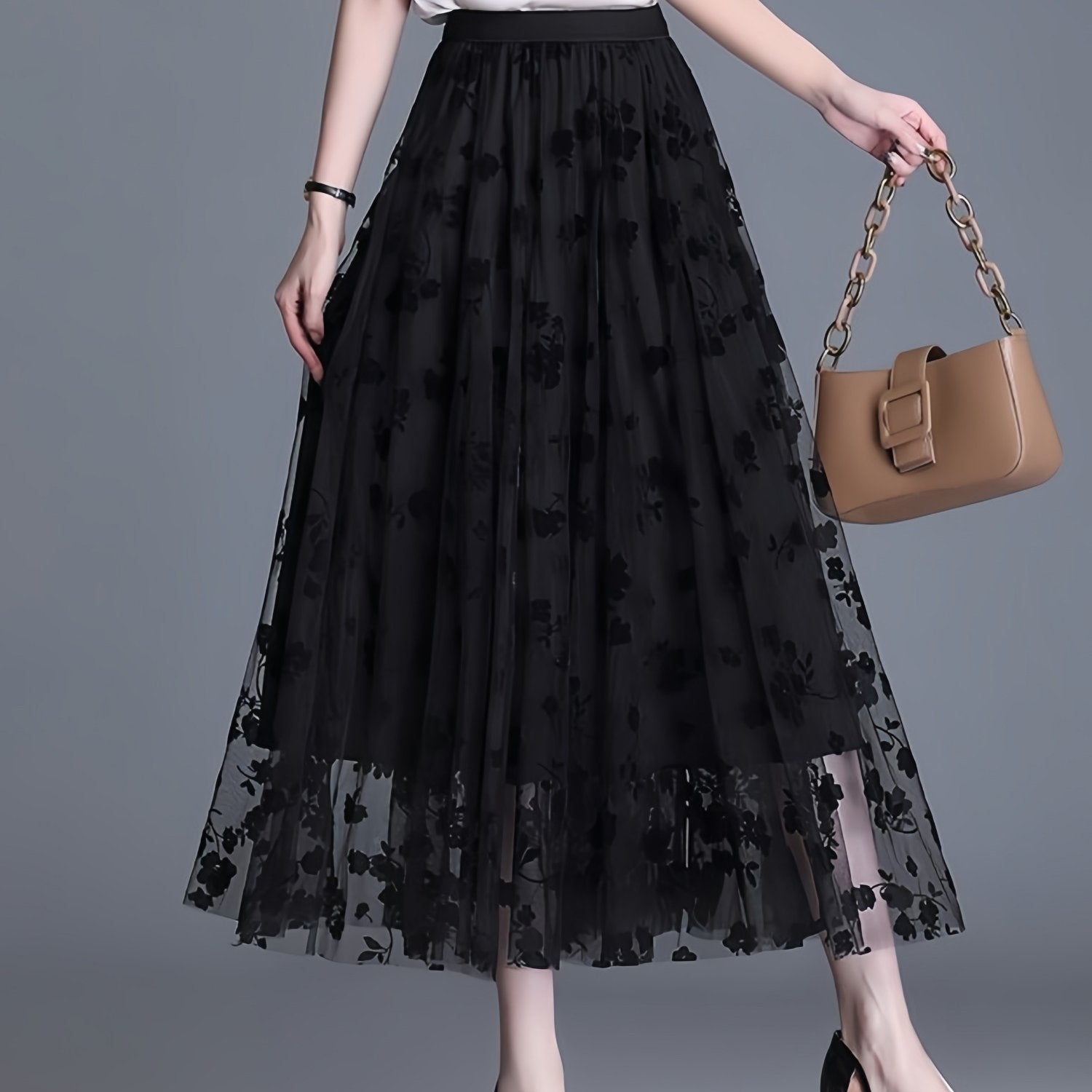 Directional Elegant Floral Printed Mesh Skirt, High-Waisted Casual Long Skirt, Women'S Clothing