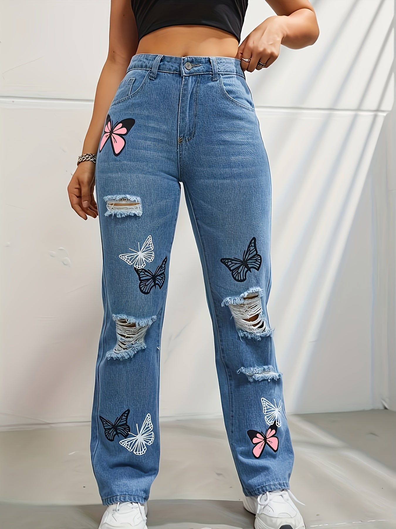 Women's High-Waist Distressed Butterfly Print Straight-Leg Jeans - Light Blue Denim with Black & Pink Butterfly Design, Ripped Detail, Casual Spring\u002FSummer Style, Butterfly Pants