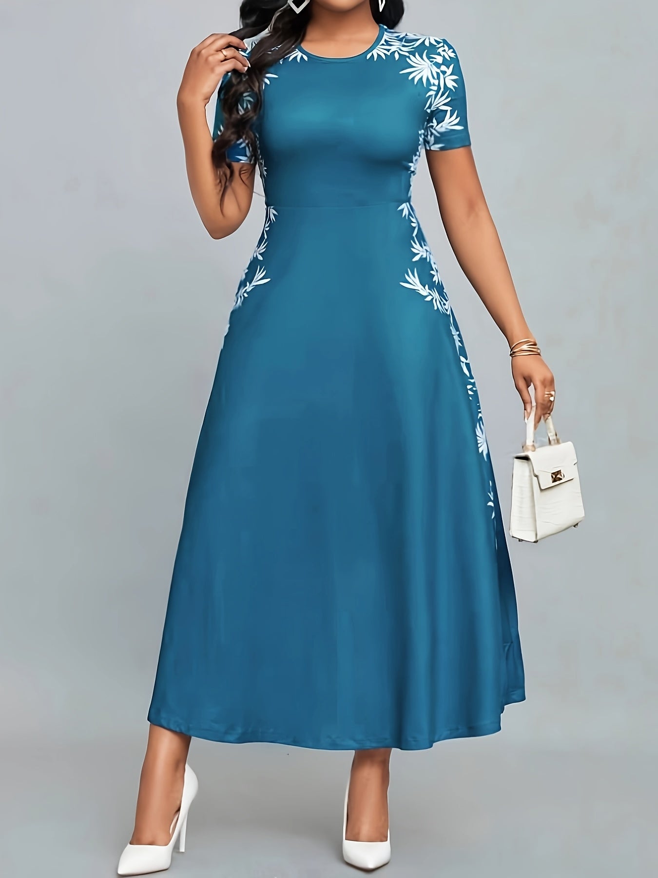 Elegant Printed Polyester Crew Neck Fitted Dress for Adult - Spring\u002FSummer\u002FFall Collection