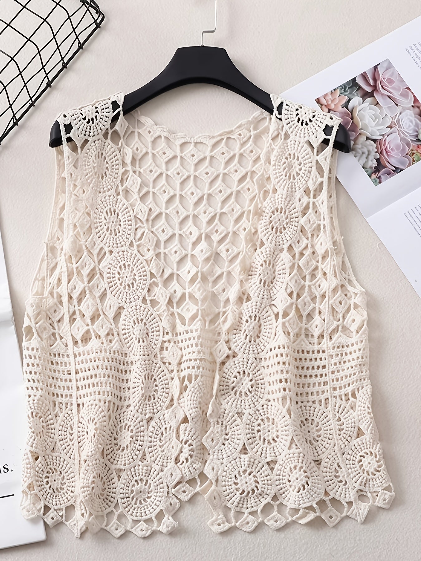 Boho Chic Cotton Breathable V-Neck Cardigan Vest for Women - Sleeveless, Hollow Out Design with Geometric Pattern, Perfect for Spring\u002FSummer, Short Fashion, Outdoor Wear, 14-16