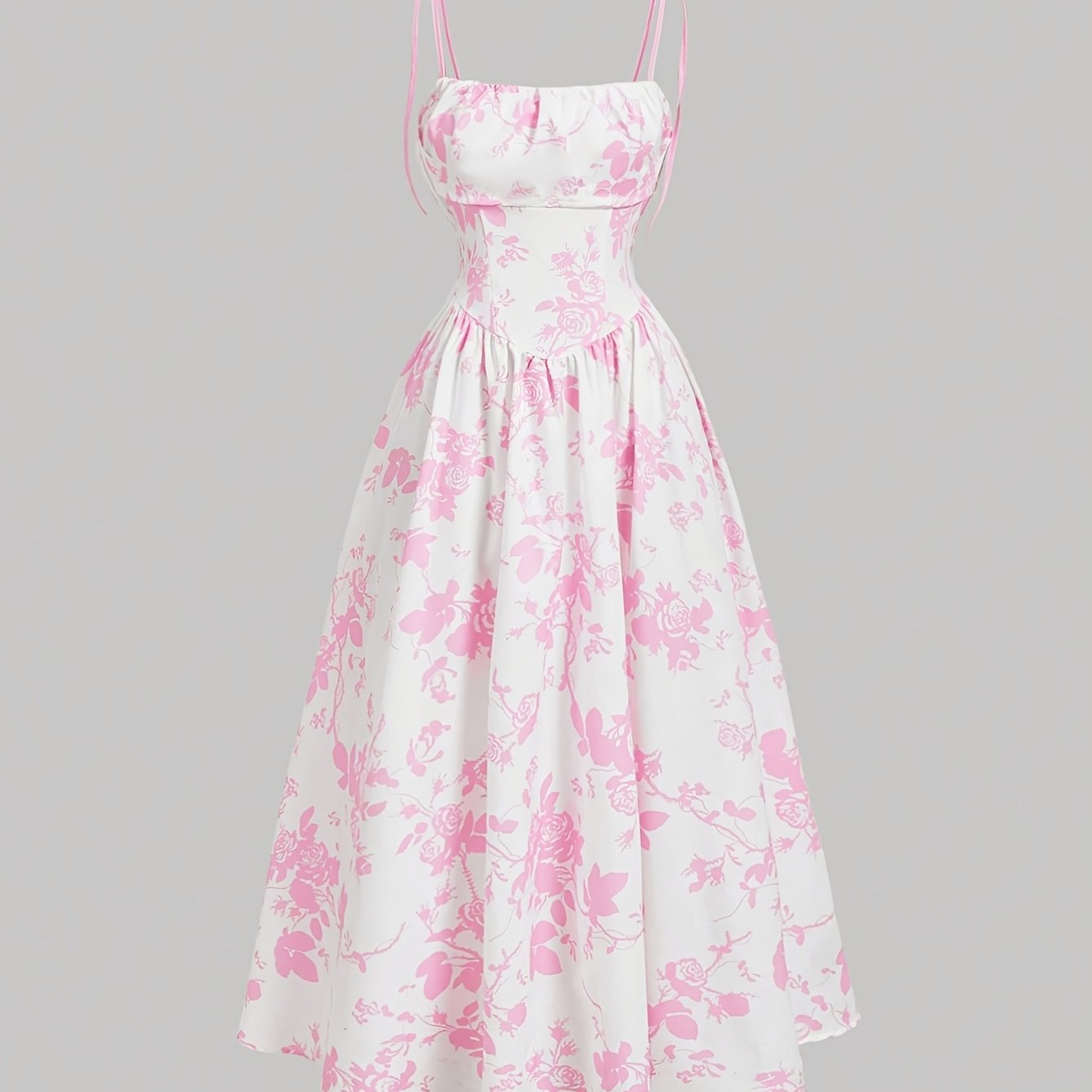 Elegant Floral Print Square Neck Dress for Women - Sleeveless A-Line Midi with Lace-Up Detail, Spring\u002FSummer\u002FFall Fashion, White with Blue Floral Patterns, Floral Dress