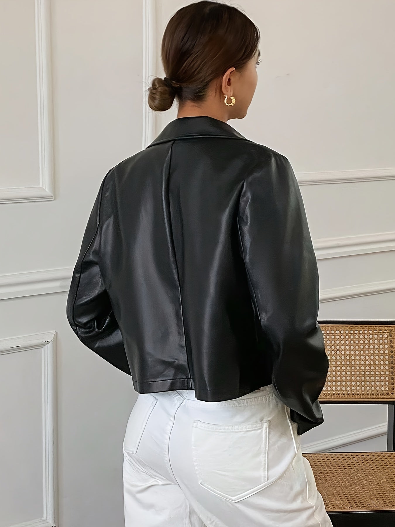 Women's Short Casual Solid Color Minimalist PU Leather Jacket - Button-Up, Non-Stretch Fabric, Perfect for Casual Attire, Allseason Outerwear | Buttonup Jacket | Durable Casual Wear