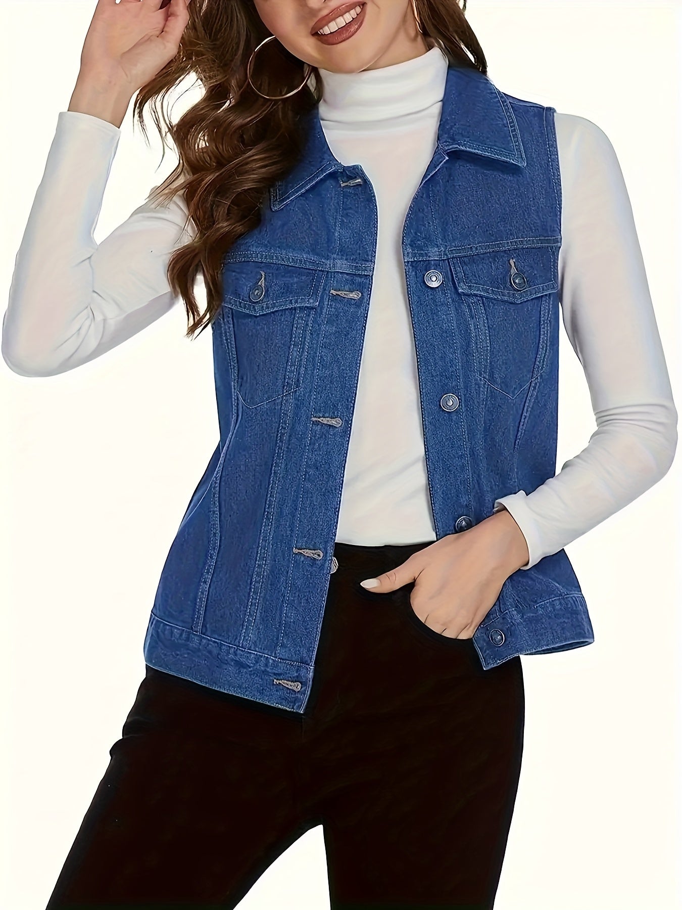 Women'S Solid Color Casual Fashion Jacket, Trendy And Classic Multi-Button Vest, Deep Blue Washed Denim Jacket, Comfortable Fit, Suitable for All Seasons.