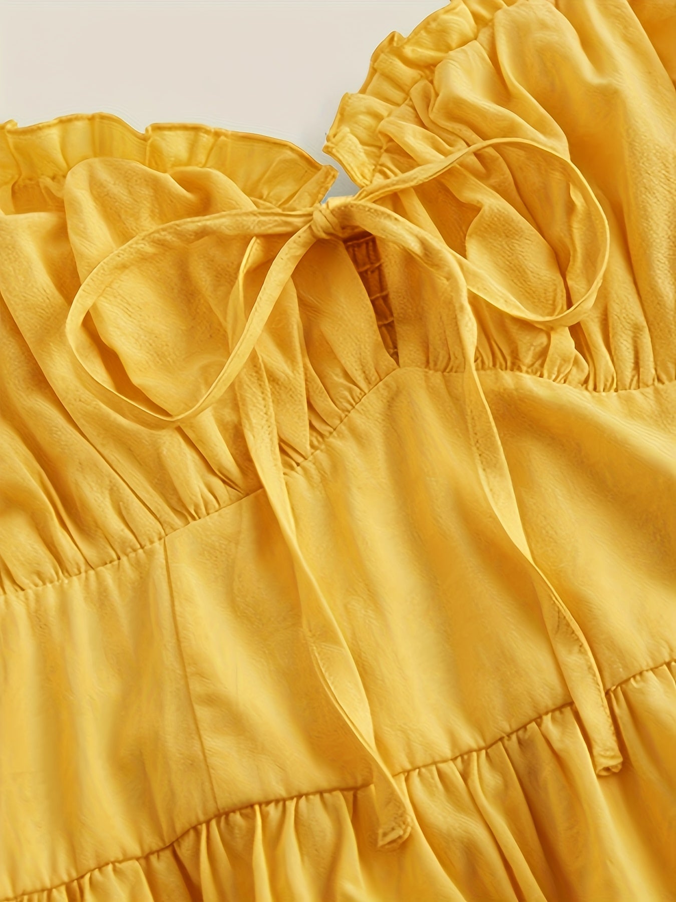 Mustard Yellow Spaghetti Suspender Dress for Teen Girls - Casual Solid Color with Adjustable Waist Tie, Lightweight Non-Stretch Fabric, Machine Washable, Regular Fit for Spring Summer Fall