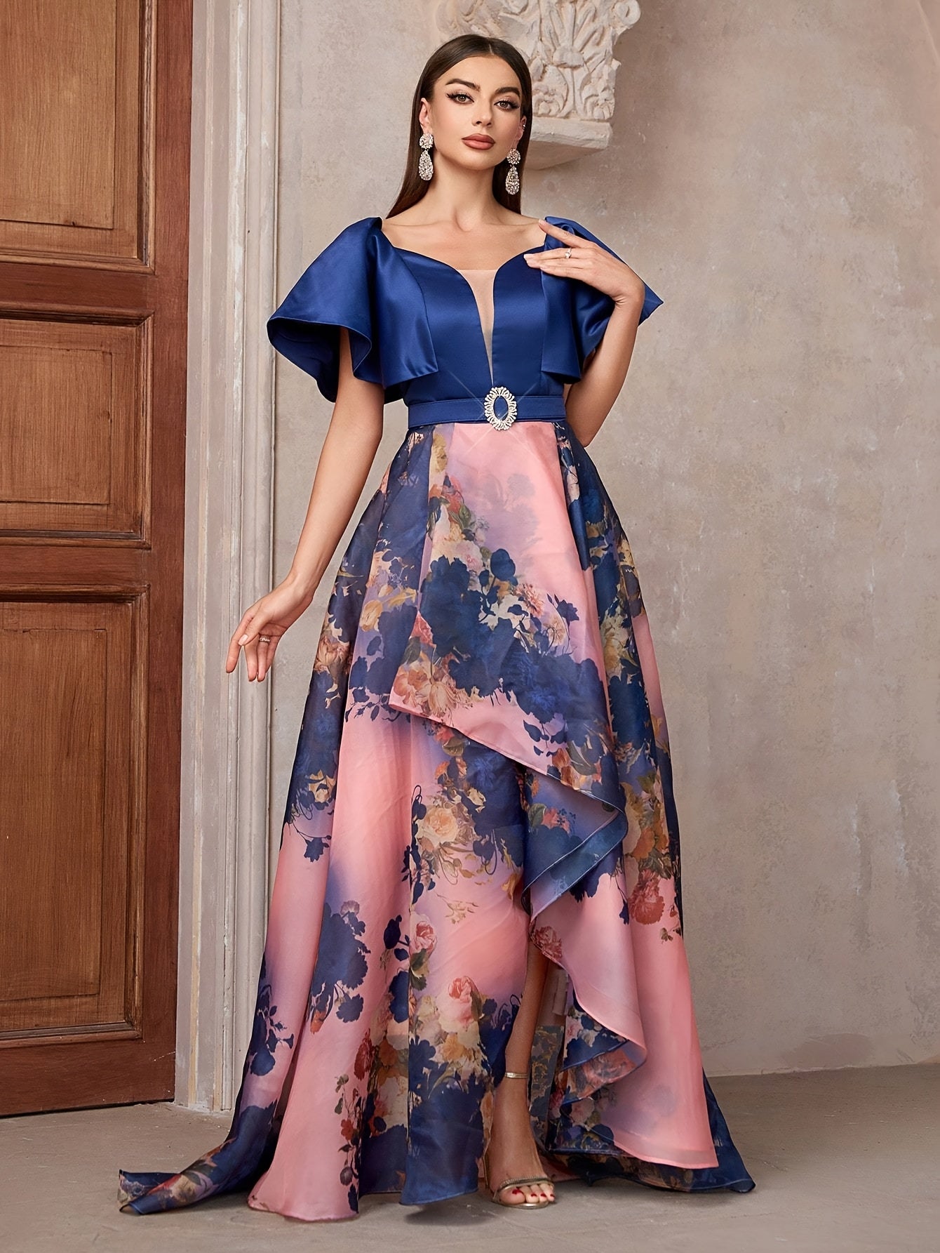 TOLEEN Elegant Floral Print Halter Dress with Belt - Sweetheart Collar, Ruffle Hem, Sleeveless Long Gown for Bridesmaids & Weddings, Polyester, All-Season Wear, Bridesmaid Dress | Ruffle Hem Dress | Polyester Fabri