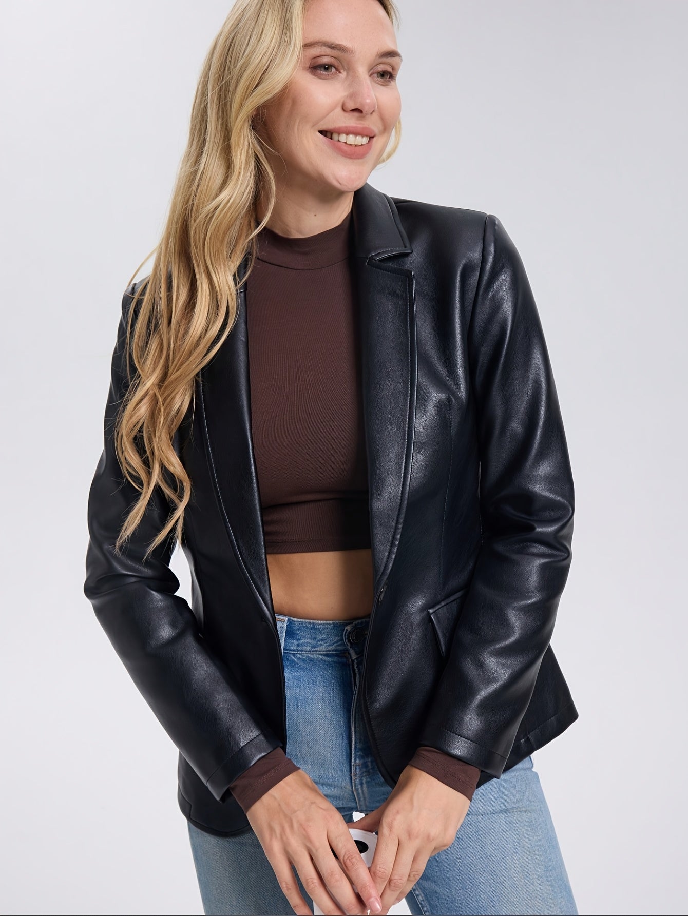 Women'S Casual Commute Faux Leather Jacket - Black, Long Sleeve, Single Button Front, Polyester Lining, Fall\u002FWinter Style, Stylish Casual Jacket|Faux Leather Jacket|Polyester Lined Jacket
