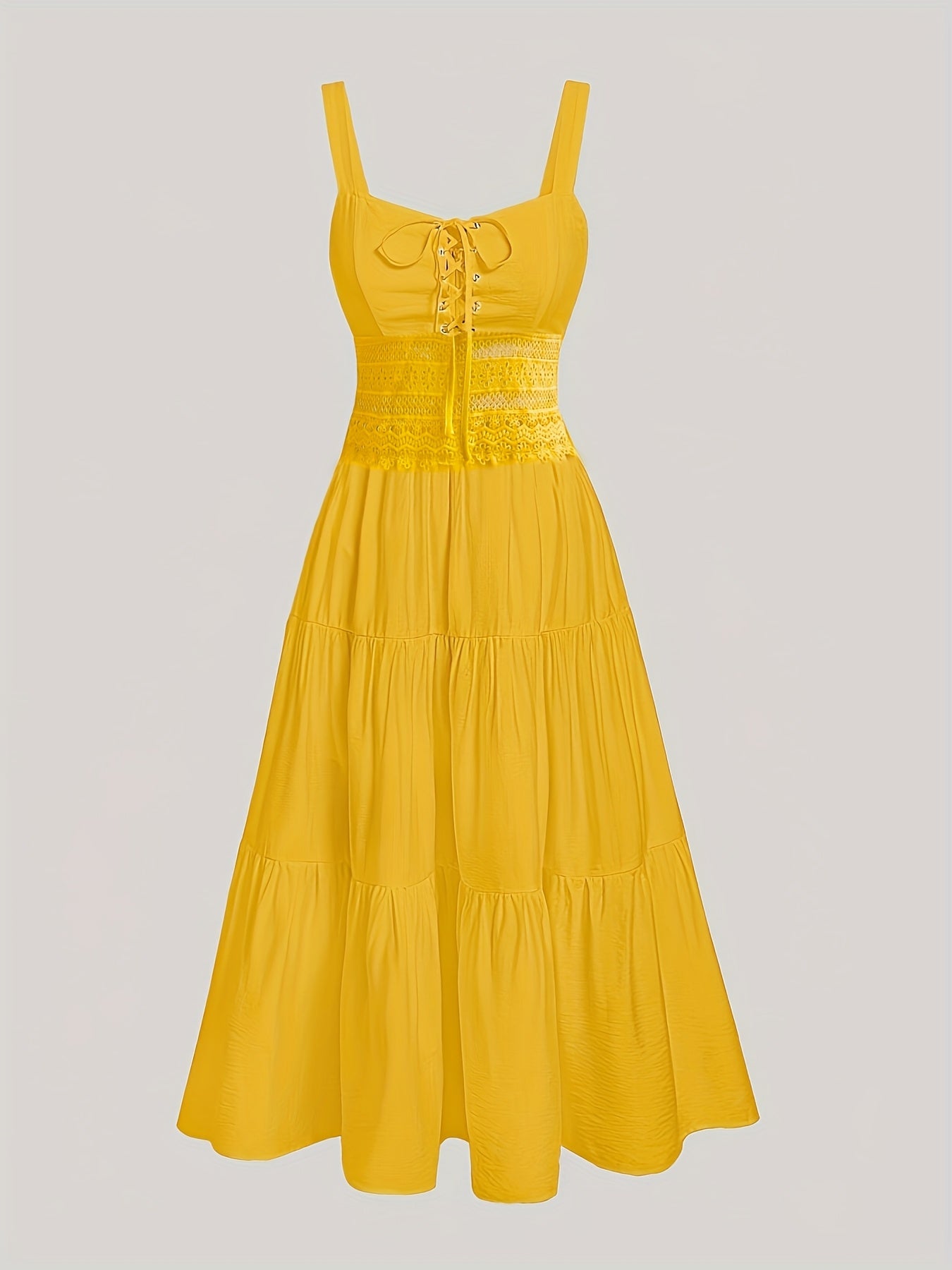 Women's Elegant V-Neck Lace Trim Tiered Maxi Dress - Mustard Yellow with Adjustable Back Ties, Fitted Bodice & Flowy Skirt, Machine Washable for Spring Summer Fall, Lace Dress