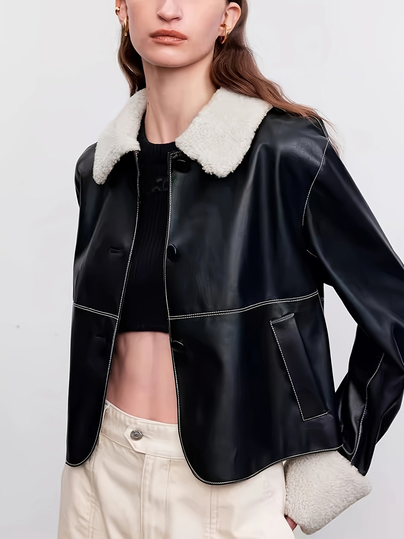 Elegant Faux Leather Jacket for Women - Short Sleeve Solid Color Polyester Lined Faux Fur Collar with Single Button Closure and Pockets - Autumn\u002FWinter Fashion