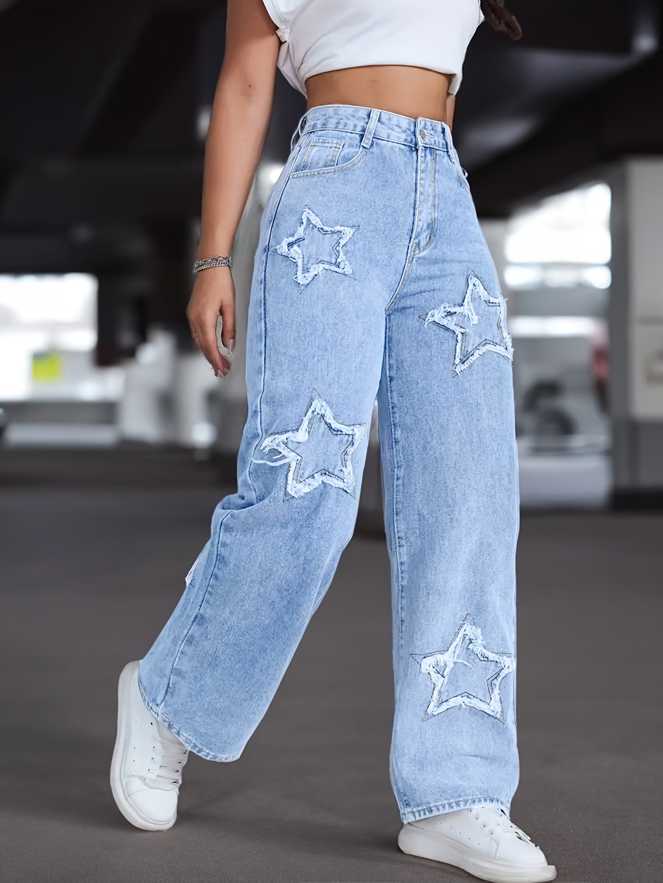 Women's Elegant Star Straight-Leg Jeans - Stretch Denim, Comfort Fit, Machine Washable, Versatile All-Season Wear