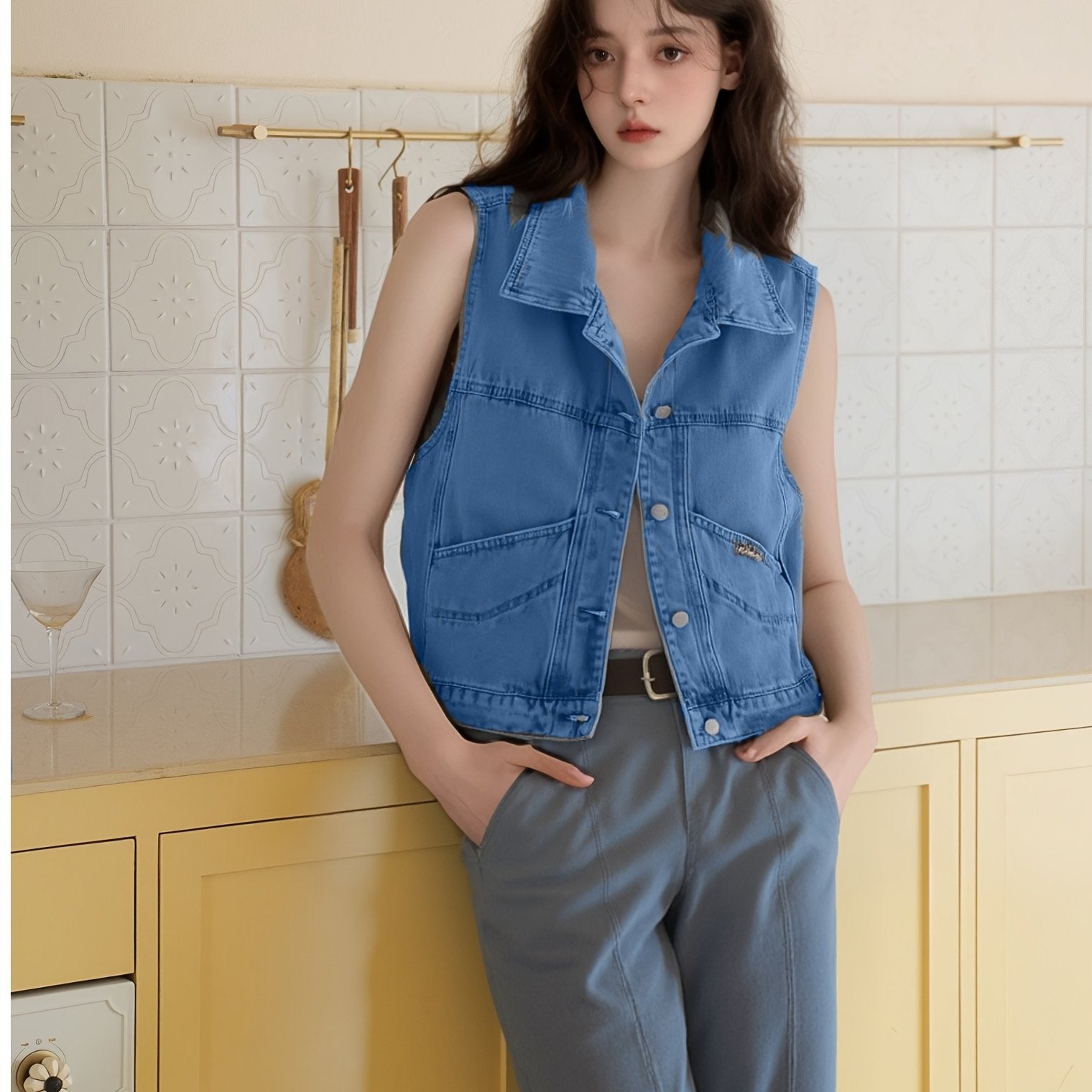 2025 New Women's Bohemian Embroidered Denim Vest - Sleeveless Buttoned Jacket with Pockets, Light Blue Spring and Autumn Casual Outerwear